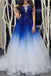 Elegant Royal Blue White Ombre Long Prom Dresses with Appliques for Teens PDH18